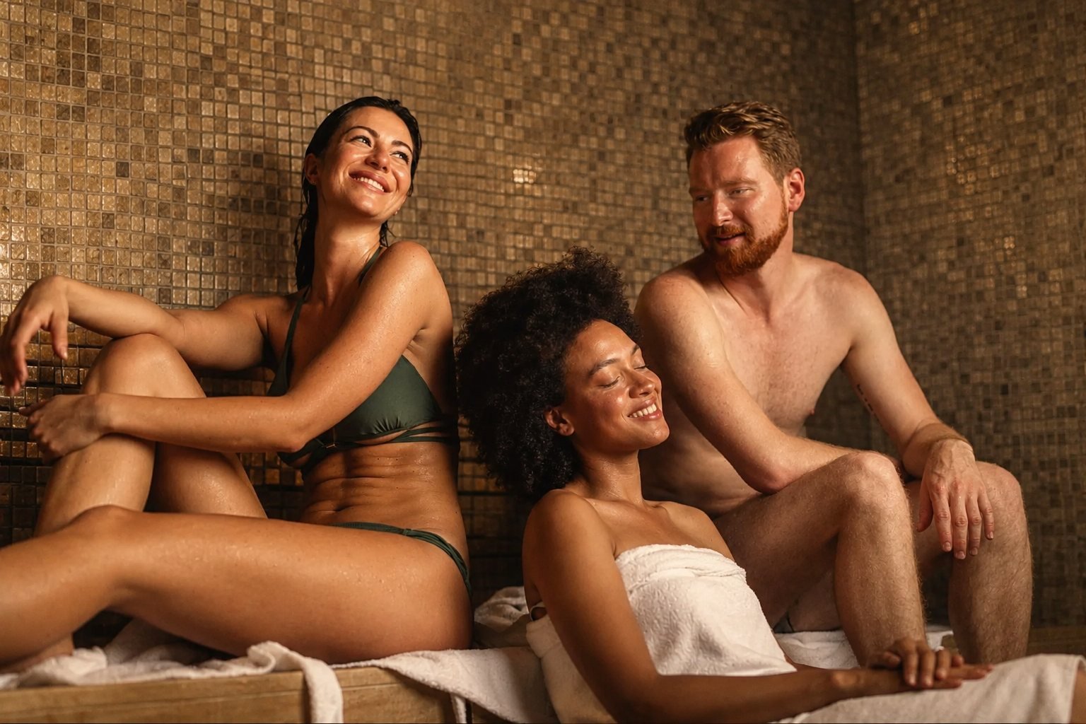 Grupo de personas compartiendo y sonriendo en una sala de spa